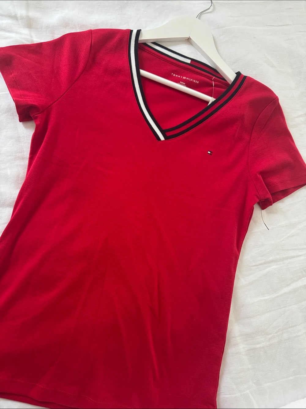 Tommy Hilfiger Red V-Neck Tee with Navy & White Trim